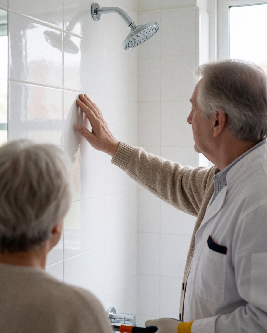 Un installateur examine le mur carrelé d'une salle de bain neuve avec un client. On distingue un robinet chromé et des carreaux blancs brillants.