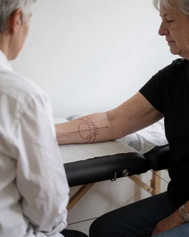 Client présentant un tatouage géométrique sur son bras, le professionnel vérifie le travail dans un studio lumineux à mur blanc.