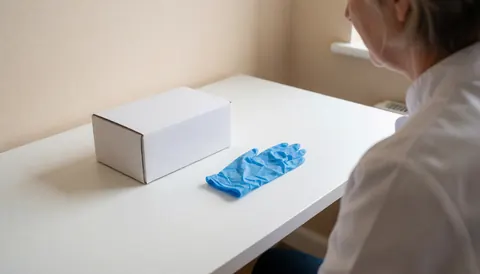 Caisse de gants et gant bleu sur table blanche, professionnel dos dans studio microblading avec mur beige