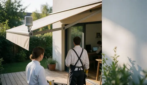 Store beige déployé sur une terrasse avec capteur de vent, personne travaillant, bois poli et lumière naturelle, idéal pour les services de stores.