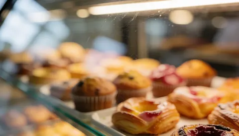 Petits gâteaux et muffins dans une vitrine de boulangerie avec une lumière chaude et des reflets sur la vitre, servant de fond pour du texte.