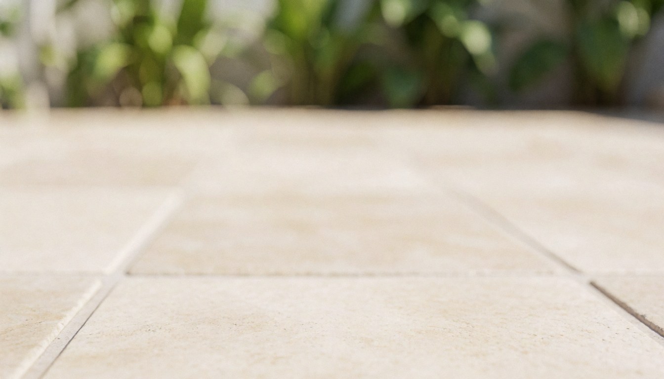 Carrelage beige en arrière-plan pour piscine, avec des plantes vertes floues et une lumière naturelle, idéal pour des textes commerciaux.