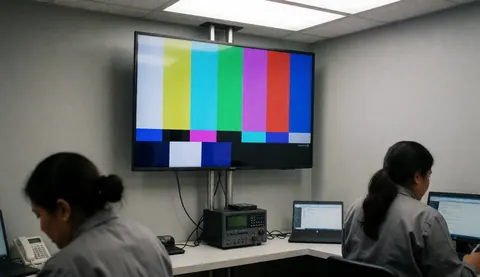 Un technicien vérifie un téléviseur à l'aide d'un écran de test dans un atelier moderne aux murs gris et à l'éclairage LED.