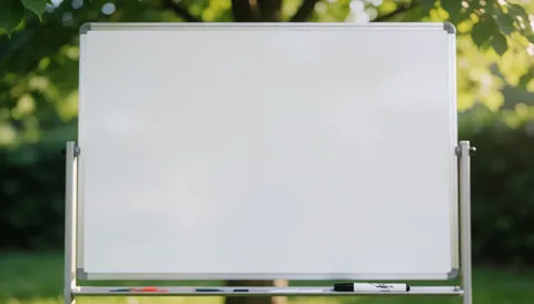 Un tableau blanc avec un marqueur posé sur une surface en extérieur, entouré de verdure et de lumière naturelle douce, servant de fond neutre pour du texte ou des stratégies.