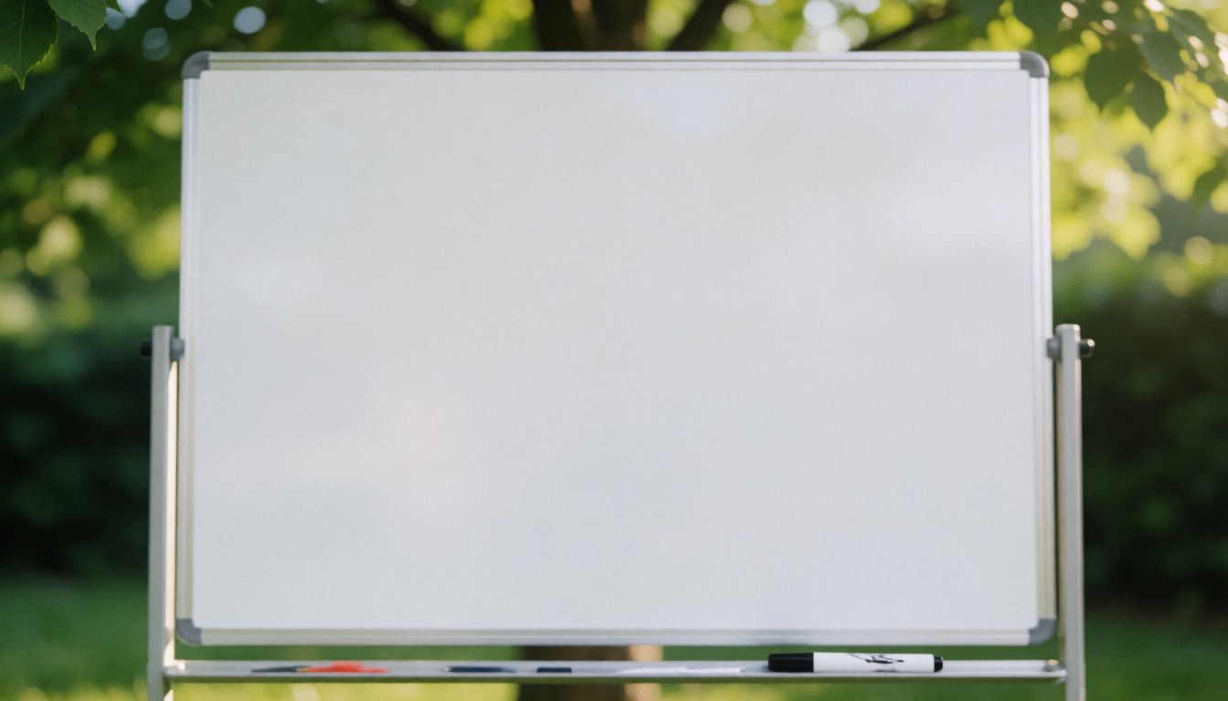Un tableau blanc avec un marqueur posé sur une surface en extérieur, entouré de verdure et de lumière naturelle douce, servant de fond neutre pour du texte ou des stratégies.