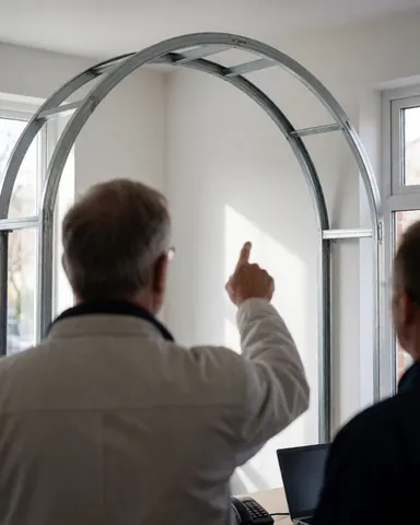 Un client et un professionnel vérifient ensemble une structure métallique arquée dans une salle lumineuse aux murs blancs, avec un ordinateur portable sur une table.