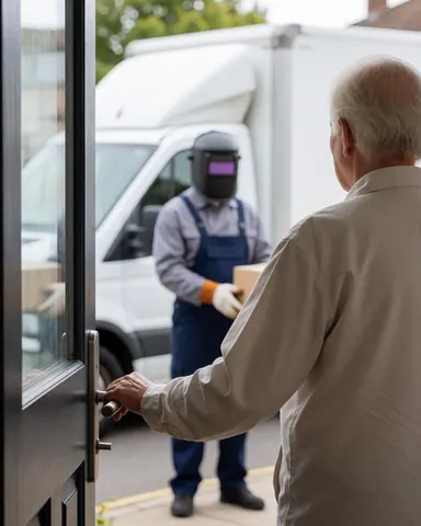 Un client âgé ouvre sa porte pour recevoir un colis des mains d'un livreur portant un casque de soudage, avec un camion de livraison en arrière-plan.