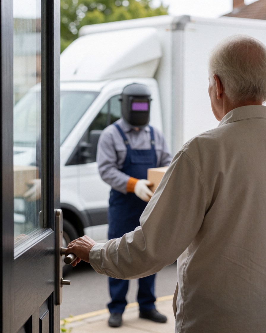 Un client âgé ouvre sa porte pour recevoir un colis des mains d'un livreur portant un casque de soudage, avec un camion de livraison en arrière-plan.
