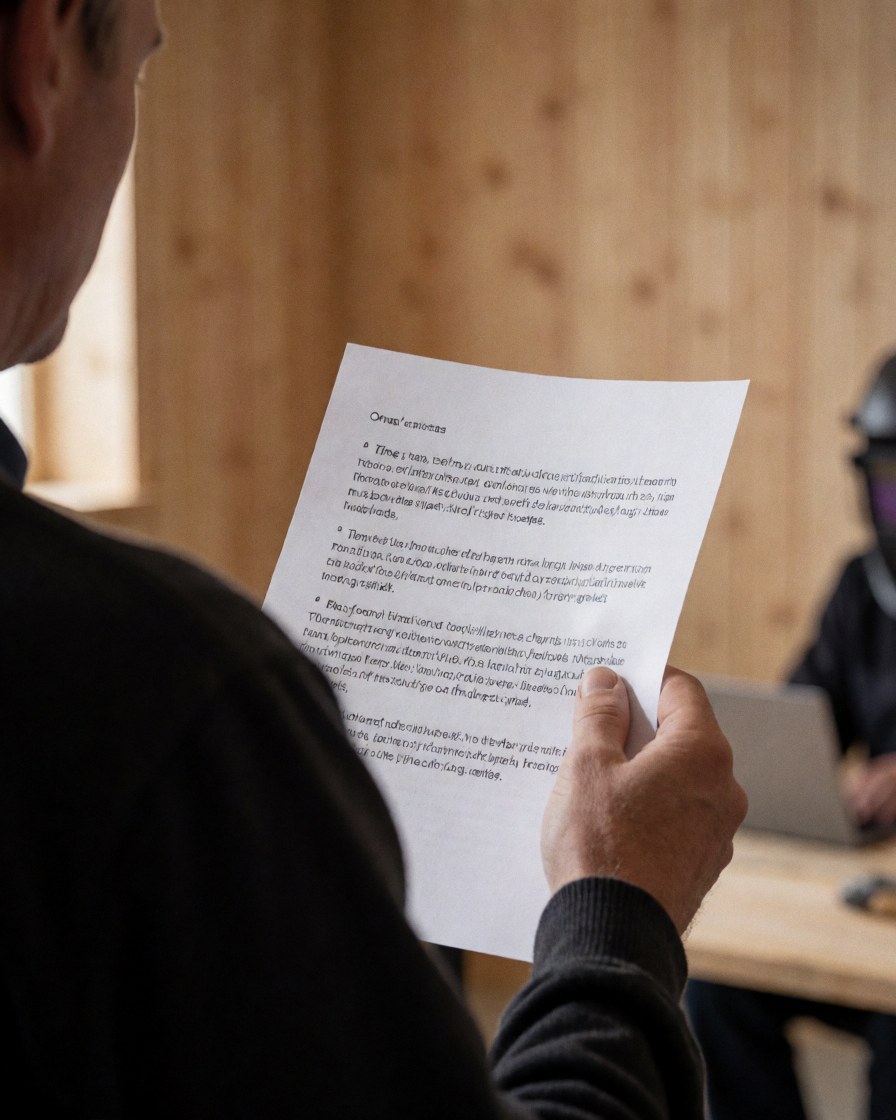 Un étudiant en théâtre lit un script dans un atelier aux murs en bois, la main tenant le papier, la lumière éclairant le texte.