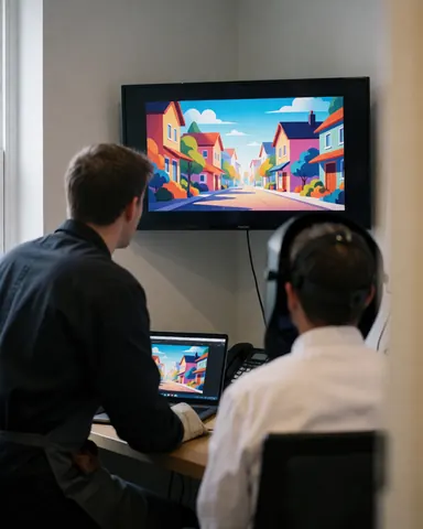 Deux personnes observant une animation colorée sur un grand écran dans un bureau aux murs gris clair, idéal pour un vidéographe.