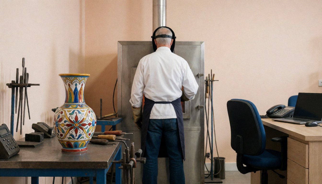 Un artisan travaille au four à verre, un vase décoratif repose sur une table, des outils et des murs beiges sont visibles dans l'atelier.