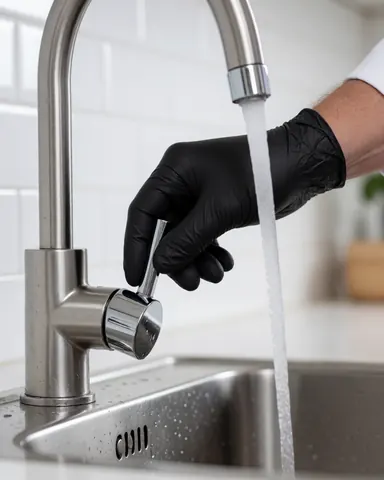 Une main portant un gant noir tourne le robinet en acier inoxydable dans une cuisine moderne avec des carreaux blancs et de l'eau qui coule.