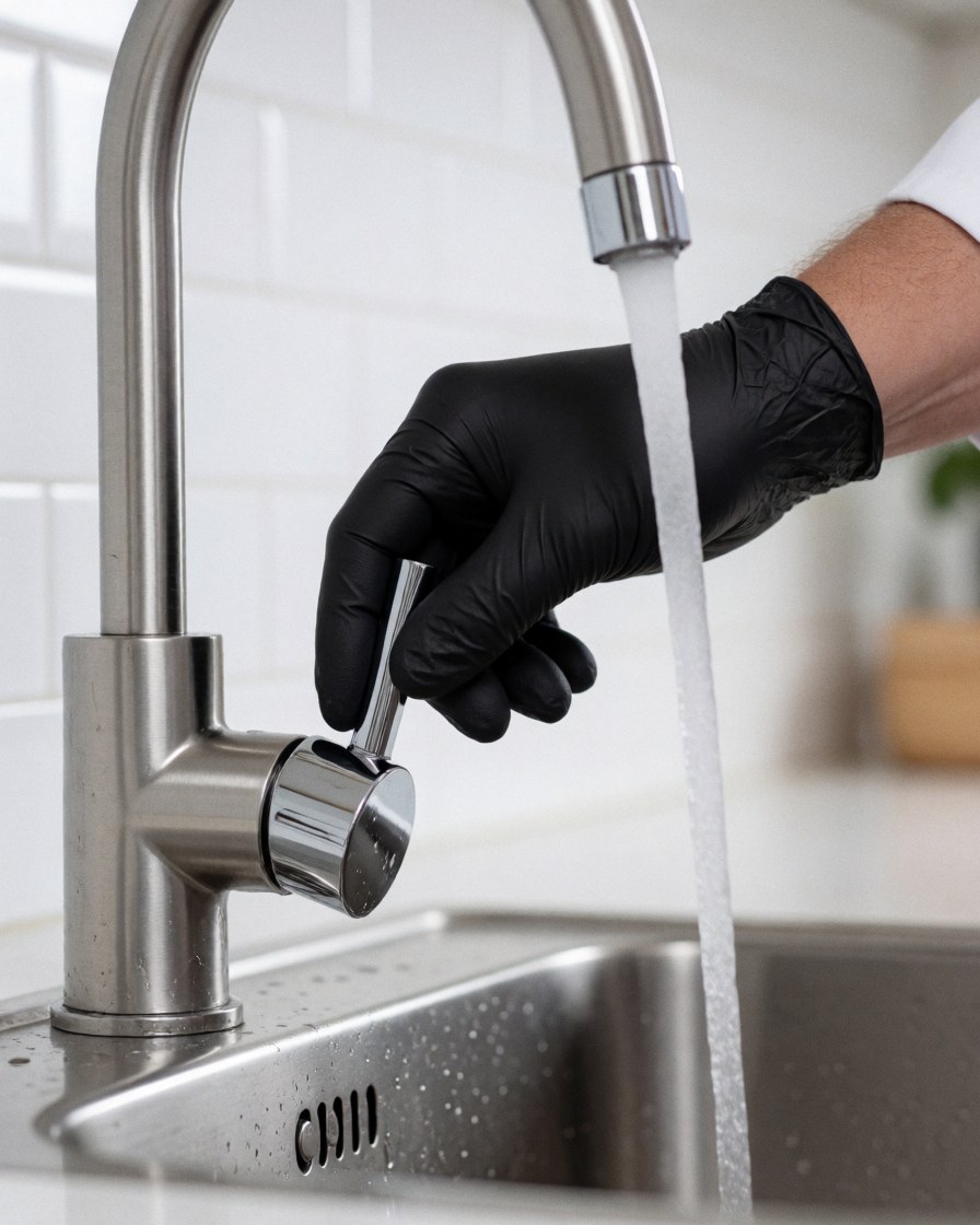 Une main portant un gant noir tourne le robinet en acier inoxydable dans une cuisine moderne avec des carreaux blancs et de l'eau qui coule.