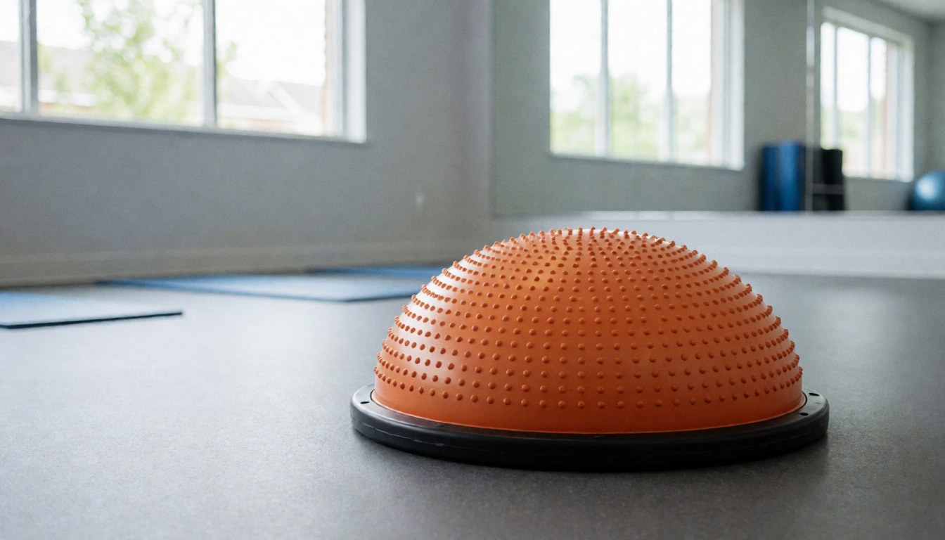 Balle bosu orange posée sur le sol d'un studio de rééducation, accompagnée de couvertures et d'un grand miroir, éclairée par la lumière naturelle.