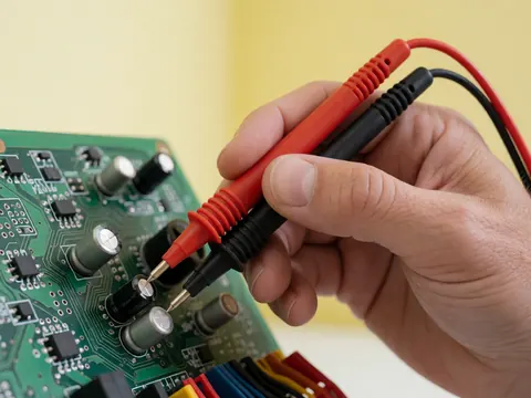 Main tenant des sondes de multimètre sur un condensateur posé sur une carte électronique verte avec un fond jaune pâle, dans le cadre d'une réparation.