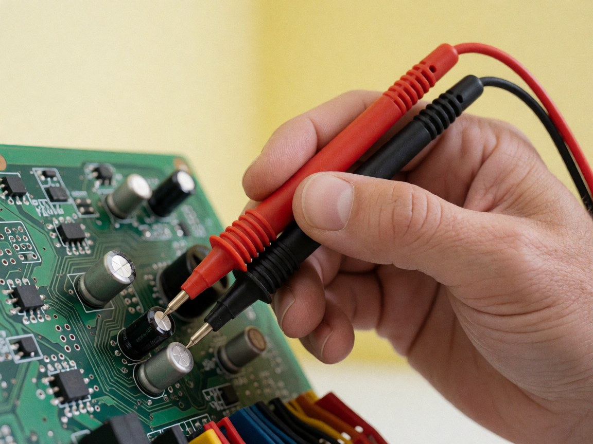 Main tenant des sondes de multimètre sur un condensateur posé sur une carte électronique verte avec un fond jaune pâle, dans le cadre d'une réparation.