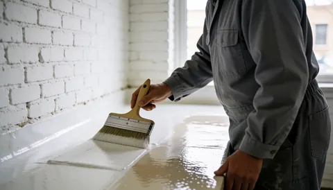 Un ouvrier applique une membrane d'étanchéité avec un pinceau sur un mur en briques blanches sous une lumière naturelle, visage non visible.