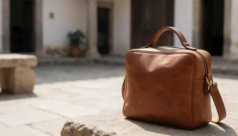 Sac en cuir marron sur une pierre dans une cour avec lumière solaire et fond flou, idéal pour une boutique de produits artisanaux