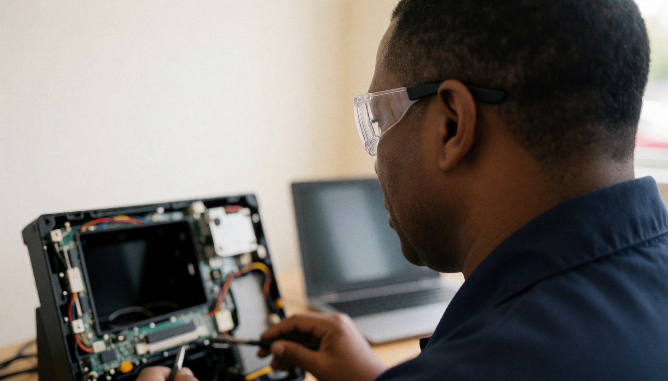 Un technicien portant des lunettes de sécurité répare une console démontée dans un atelier aux murs blancs, scène professionnelle de réparation électronique.