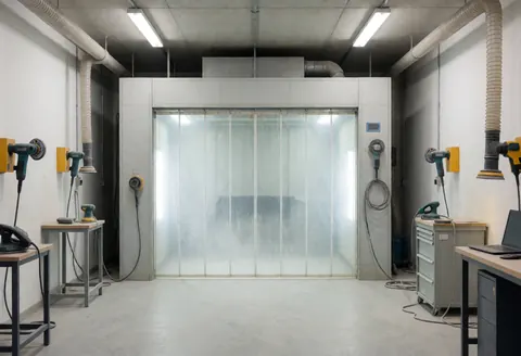 Atelier de soudure équipé d'une cabine de pulvérisation, de machines de ponçage et de conduits d'extraction, avec un éclairage fluorescent et un sol en béton poli.