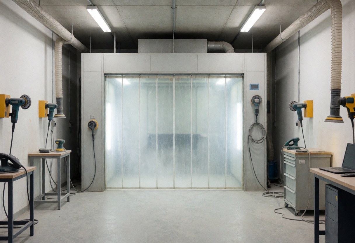 Atelier de soudure équipé d'une cabine de pulvérisation, de machines de ponçage et de conduits d'extraction, avec un éclairage fluorescent et un sol en béton poli.