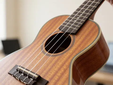 Gros plan sur le corps en bois d'un ukulélé, montrant le grain du bois et les cordes tendues, sur un fond flou dans une académie de musique.