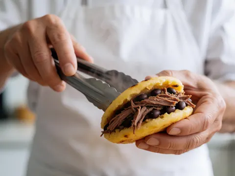 Des mains portant un tablier blanc remplissent une arepa fumante avec de la viande et des haricots dans une cuisine baignée de lumière naturelle.