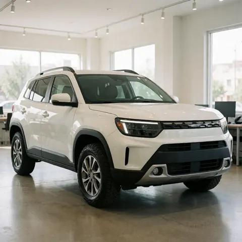 Suv blanc avec jantes en alliage et feux led dans une salle de vente au sol en béton poli et grandes fenêtres