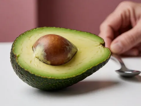 Demi avocat avec chair verte et noyau brun sur surface blanche, cuillère métallique à côté, mur rose en arrière-plan, idéal pour un menu sain.