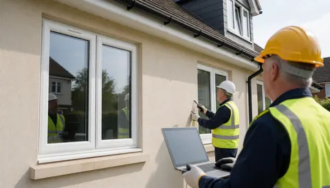 Deux travailleurs en casques et gilets installent des fenêtres isolantes dans une maison beige et grise, l'un utilise un ordinateur portable pour mesurer.
