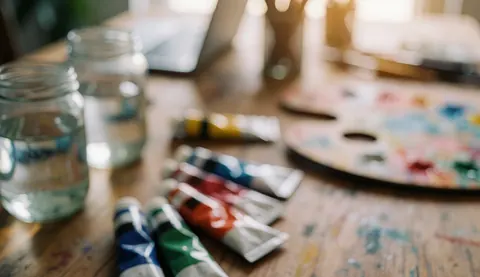 Fond artistique avec palette, tubes de peinture et pots d'eau sur une table en bois, éclairage chaud et diffus idéal pour ajouter du texte.