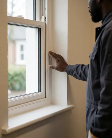 Une main touche le cadre d'une fenêtre réparée et peinte dans un intérieur aux murs beige avec lumière naturelle.