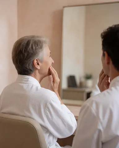 Une cliente assise vérifie sa peau douce après un traitement de peeling chimique dans une clinique avec des murs clairs et un miroir.