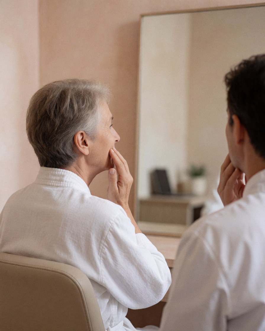 Une cliente assise vérifie sa peau douce après un traitement de peeling chimique dans une clinique avec des murs clairs et un miroir.