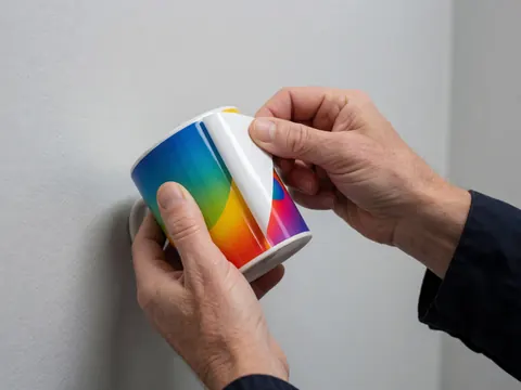 Des mains retirent le papier de transfert d'un mug en céramique orné d'un motif aux couleurs vives, sur un fond gris clair, illustrant un détail de production textile.