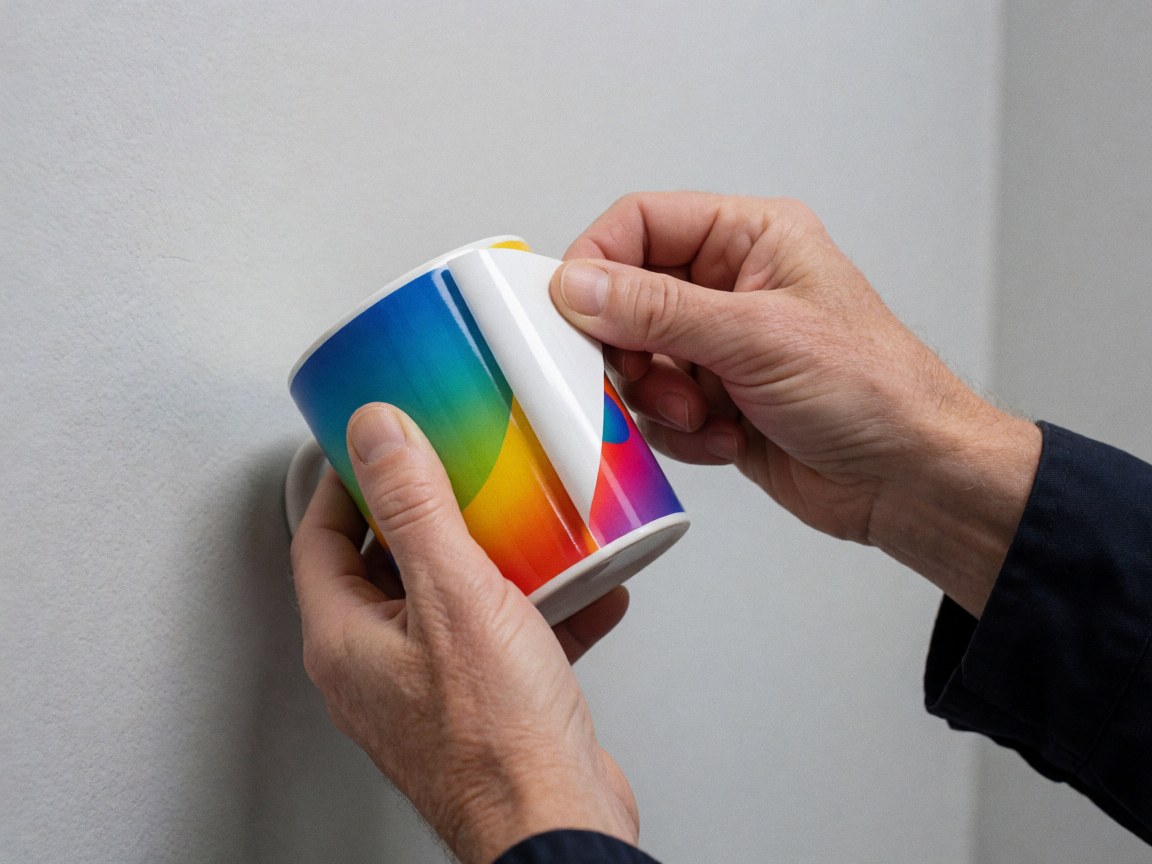 Des mains retirent le papier de transfert d'un mug en céramique orné d'un motif aux couleurs vives, sur un fond gris clair, illustrant un détail de production textile.