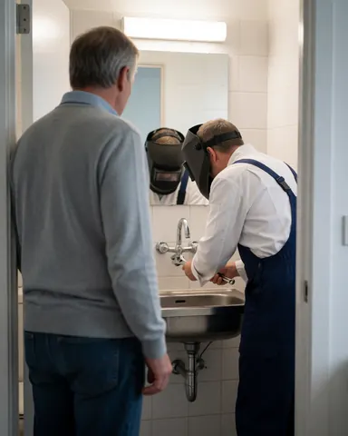 Plombier utilisant un outil pour réparer un robinet sous un lavabo tandis qu'un client observe depuis la porte d'une salle de bain carrelée.