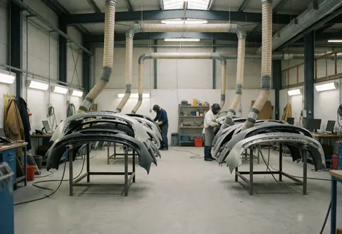 Deux travailleurs en tenue de protection poncent des pare-chocs automobiles dans un atelier industriel avec ventilation visible.