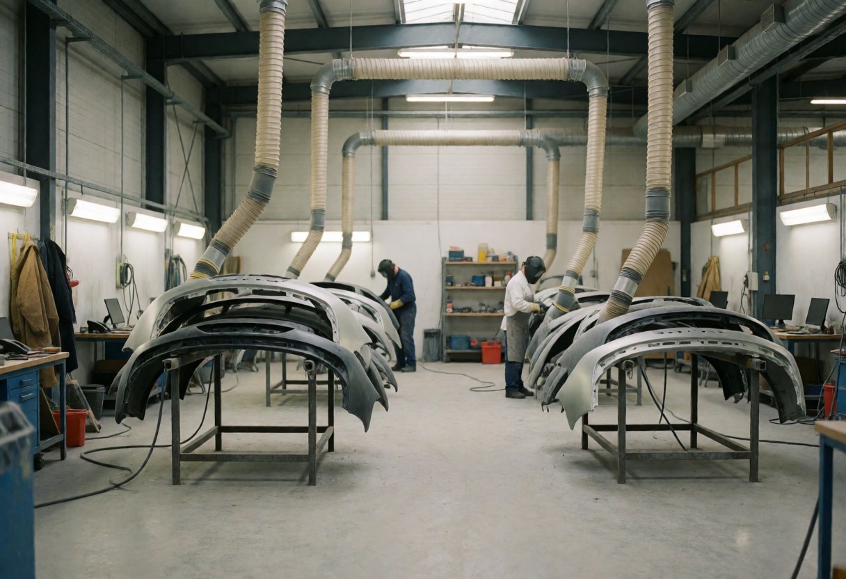 Deux travailleurs en tenue de protection poncent des pare-chocs automobiles dans un atelier industriel avec ventilation visible.