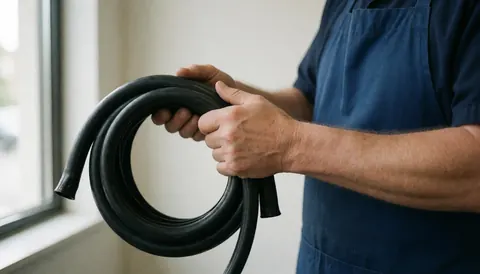 Mécanicien dans un atelier de réparation de vélos tenant un tube noir neuf éclairé par la lumière naturelle d'une fenêtre.