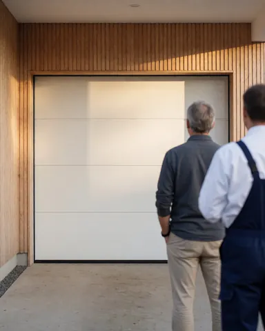 Un client adulte observe la nouvelle porte de garage blanche sectionnelle installée, avec l'installateur de dos, un mur en bois et la lumière du coucher de soleil.