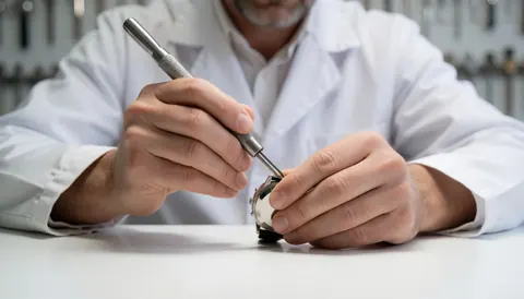 Mains d'un horloger utilisant un outil métallique pour réparer une montre sur une table blanche avec des outils en arrière-plan