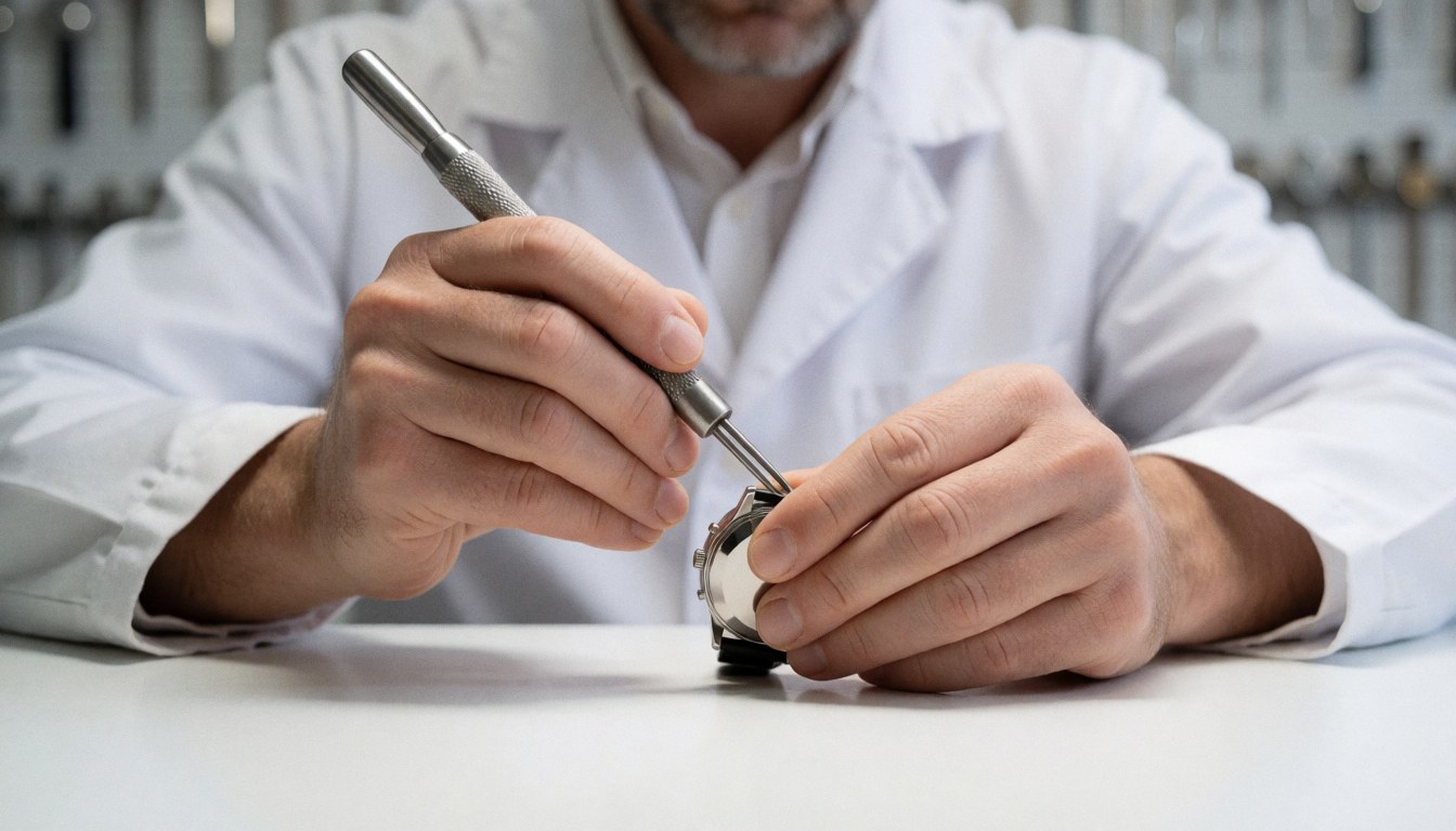 Mains d'un horloger utilisant un outil métallique pour réparer une montre sur une table blanche avec des outils en arrière-plan