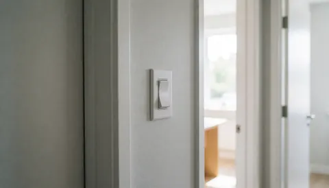 Interrupteur électrique blanc sur un mur gris dans un couloir moderne éclairé par la lumière naturelle, adapté aux professionnels de l'électricité résidentielle.