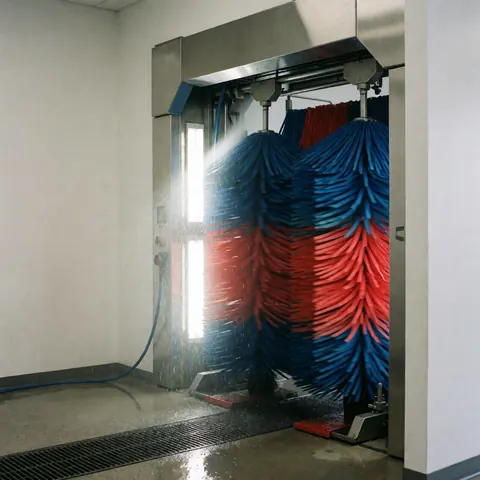 Tunnel de lavage automatique avec brosses rouges et bleues en rotation, eau projetée, murs blancs et sol mouillé, idéal pour un service de nettoyage automobile professionnel.