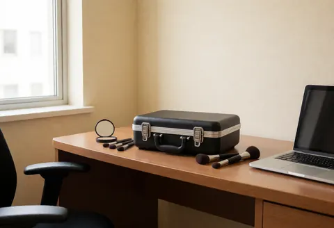 Boîte de maquillage professionnelle avec pinceaux et miroir compact posée sur une table en bois dans une chambre d'hôtel, idéale pour les services de beauté en déplacement.