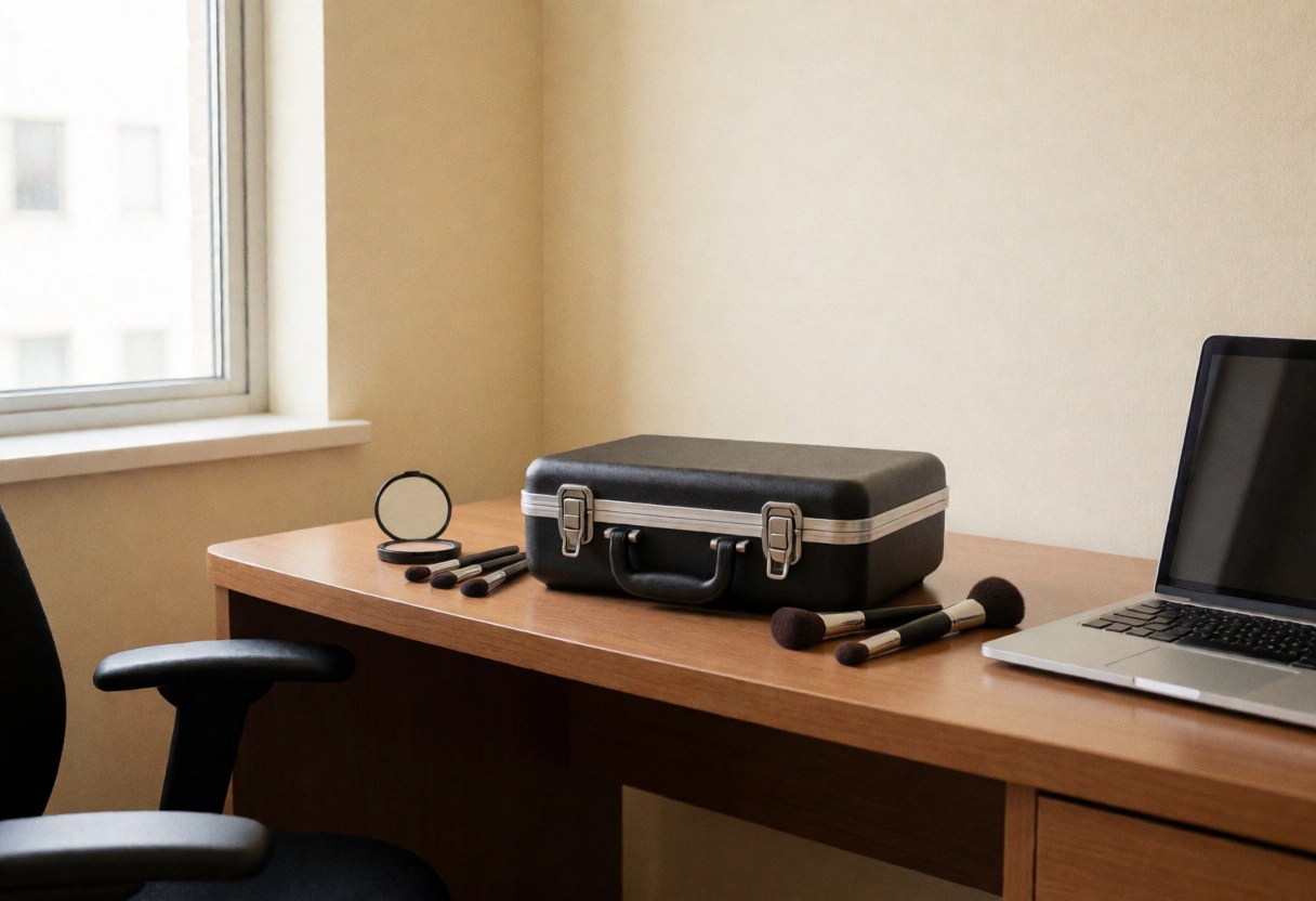 Boîte de maquillage professionnelle avec pinceaux et miroir compact posée sur une table en bois dans une chambre d'hôtel, idéale pour les services de beauté en déplacement.
