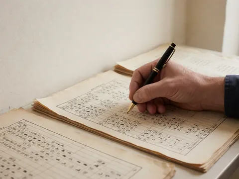 Une main tenant une plume d'encre note des coups d'échecs sur du papier vieilli, avec un échiquier en arrière-plan dans une école d'échecs.