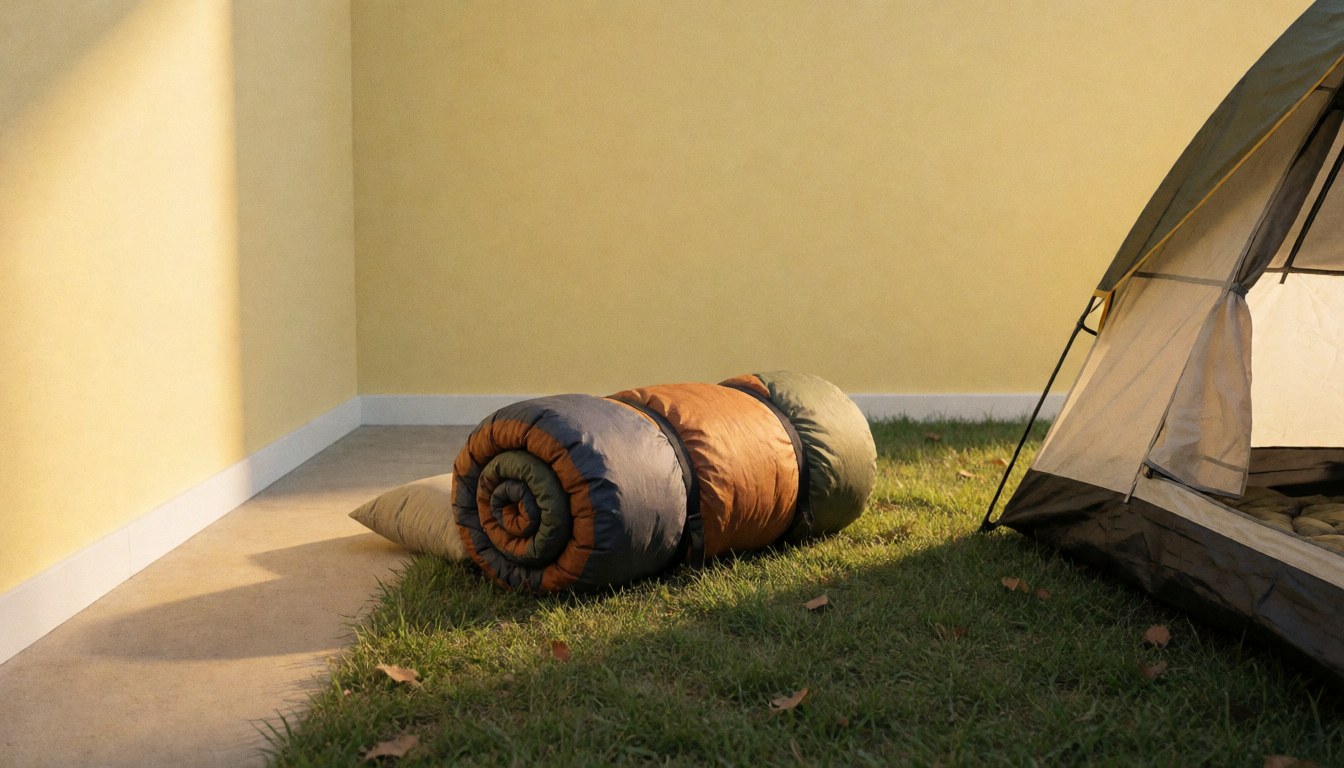 Sac de couchage enroulé et matelas sur l'herbe près d'une tente avec des murs jaunes et la lumière dorée du coucher de soleil.