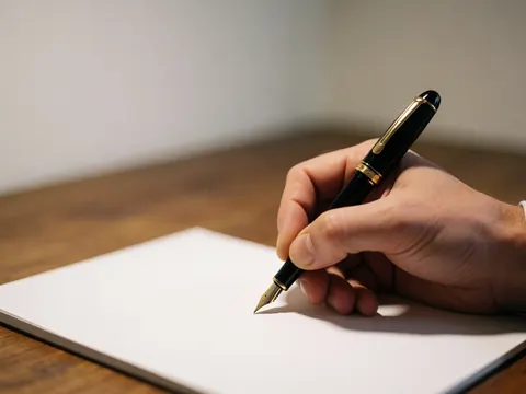 Une main tenant un stylo écrit sur un cahier blanc posé sur une table en bois. Cette image évoque la planification, la prise de notes et le travail de détail en entreprise.
